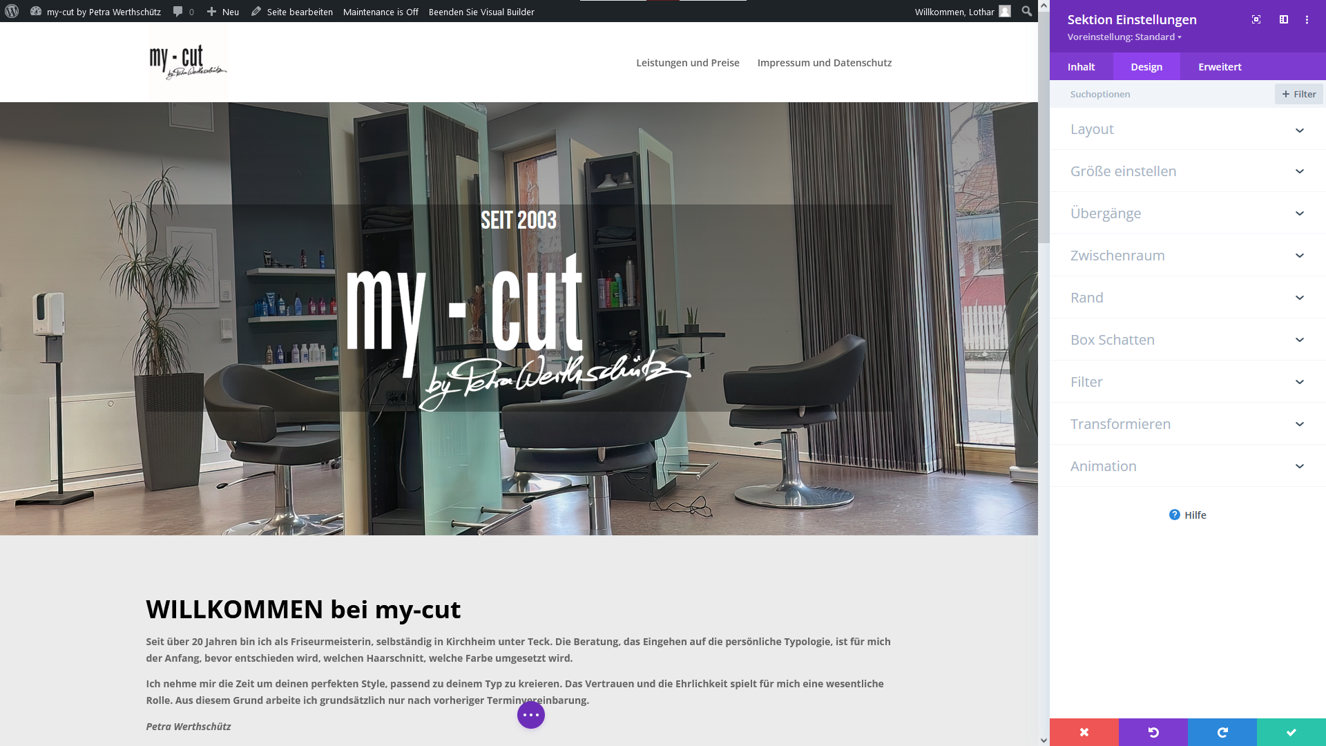 Screenshot bei der Bearbeitung der Webseite für "my-cut.de"