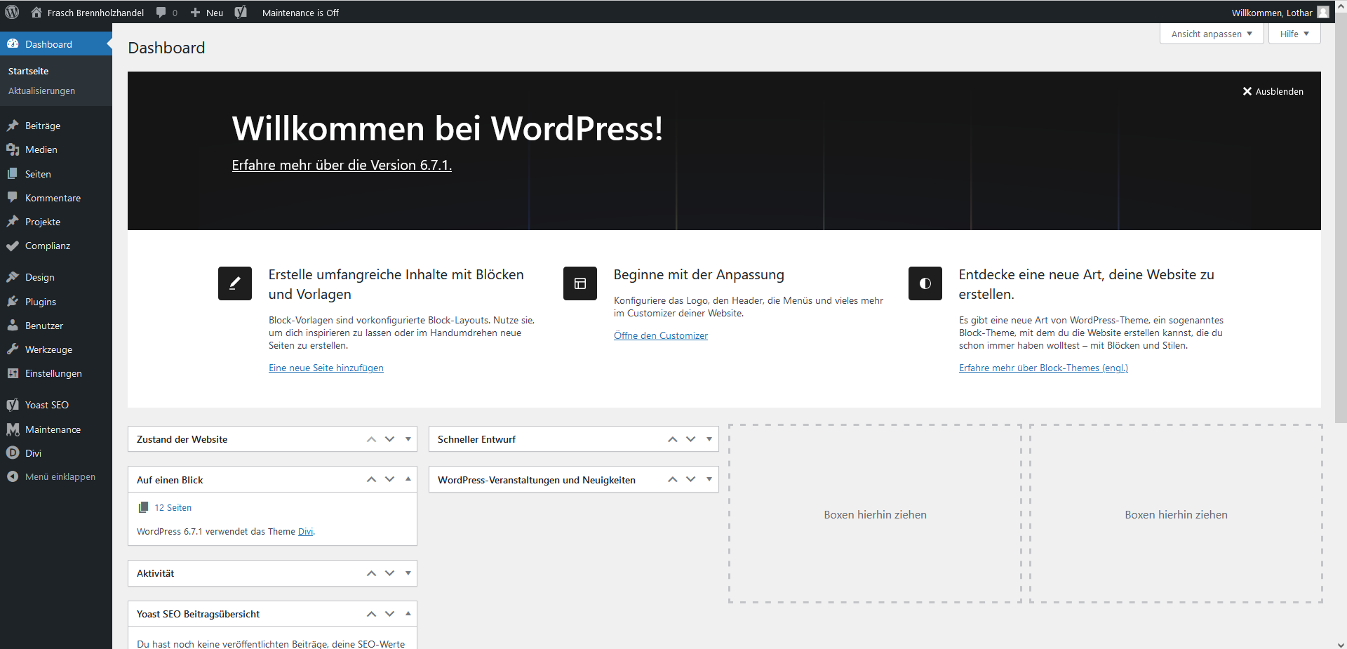 Dashboard von WordPress, welches wir als Grundsystem bei dieser Webseite verwendeten.