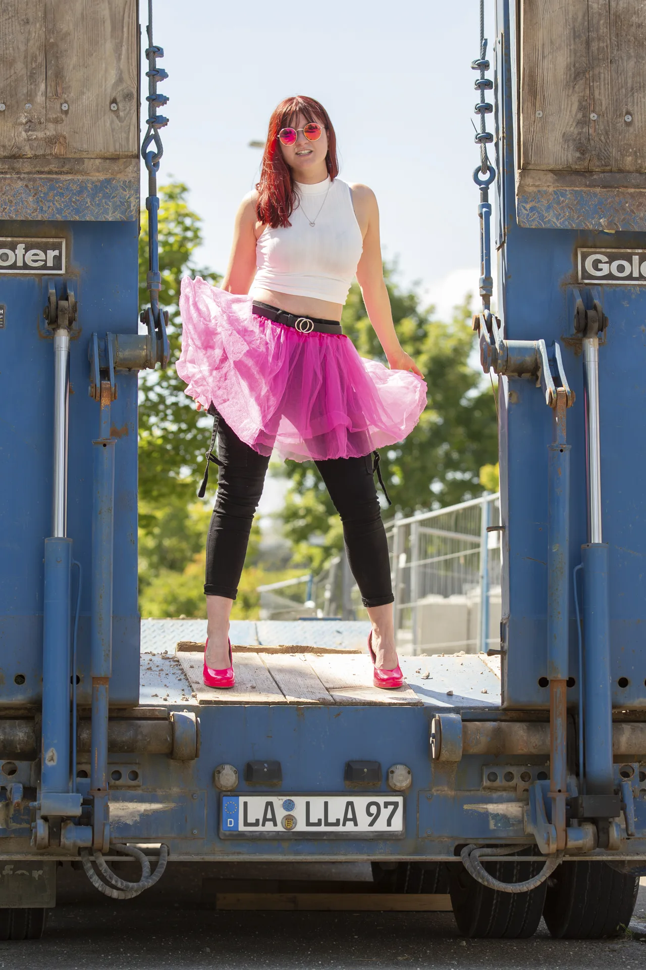 Streetshooting Munderkingen und Ehingen (Donau) mit Lalla, Lederjacke, Tütü, kleines Schwarzes, High Heels, Streetfashion Shooting